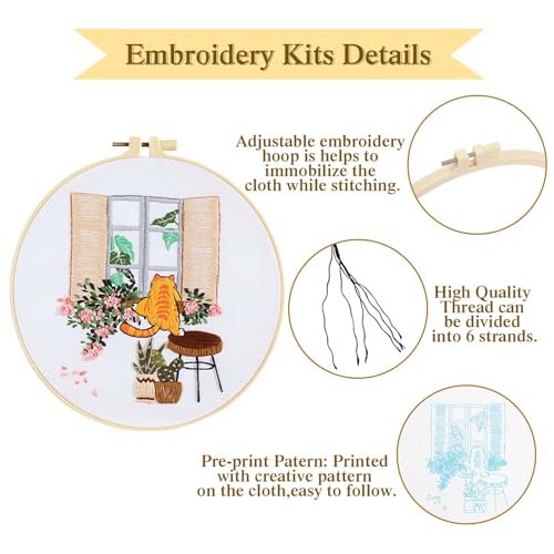 4 Sets Pussy Cat Embroidery Kit for Beginners with Tool Set Cat Pattern - color: Pussy Cat