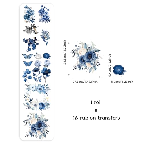 Floral Rub on Transfer for Furniture Wood Glass DIY - color: Blue Poney