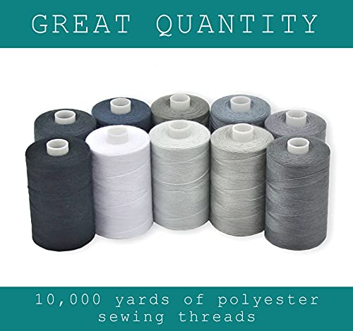 BlesSew Gray Sewing Threads - 10 Large Spools of Polyester Thread for Hand, Quilting & Sewing Machine - Grey Shades Plus Black & White - 1000 Yards Per Spool - color: Gray-Black-White