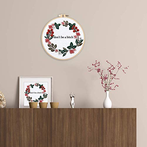 Louise Maelys Cross Stitch Kit Full Range DIY Floral Wreath with Funny Sayimg Embroidery Kit for Beginner - color: Floral-1