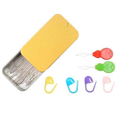 40PCS Large Eye Sewing Needles - 8 Sizes Hand Sewing Sharp, Embroidery, Leather, Stainless Steel Yarn With Threaders & Stitch Markers (Golden) - color: Golden