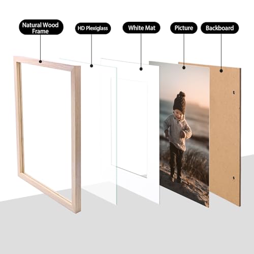 KINLINK A4 Picture Frame, Natural Solid Wood Frame with Acrylic Plexiglass for Pictures A5 with Mat or A4 without Mat, Tabletop and Wall Mounting Display Photo Frame 1 Pack - color: Natural, size: A4