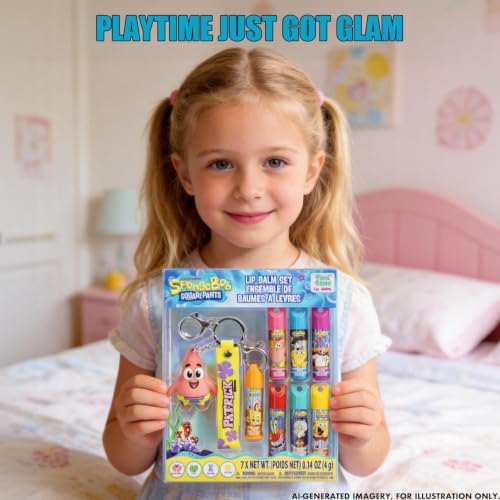 SpongeBob Keychain Lip Balm Set, 7-Piece Plant-Based, Ages 3+ - color: SpongeBob SquarePants