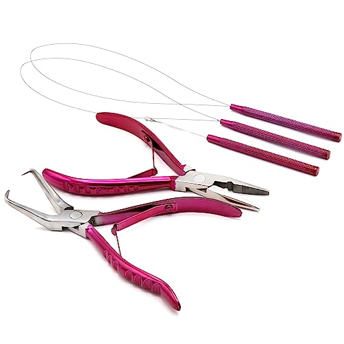 Professional Hair Extension & Beading Tool Kit Remove Plier Set for beads (4 Piece) I-Link Micro Ring Loop Needle Pulling Hook Threader Wire for Silicone Rings (Shocking Pink) - color: Shocking Pink