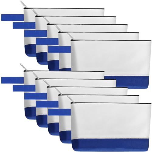 10 Pieces Cotton Canvas Makeup Bag with Bottom and Strap, Multi-Purpose Cosmetic Bag with Zipper Travel Toiletry Pouch, Blank DIY Craft Bag (White&Blue, M) - color: White&Blue, size: M