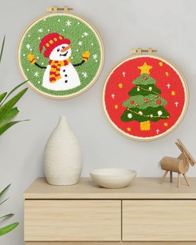 ERKOON Christmas Punch Needle Kit Adults Beginners, 2 Pcs DIY Easy Embroidery Set for Starter Art Craft, Needling Punch Project with Patterns, Tools, Yarns, Hoop, Instruction (ChristmasTree & Snowman) - color: ChristmasTree & Snowman