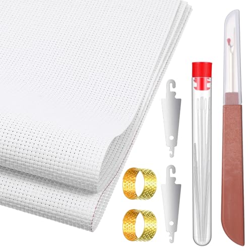 Needlepoint Canvas (18" x 12"), Blank White Embroidery Mesh Fabric Cloth with 25 Needles, 2 Threaders, Seam Ripper - Starter Kit for Cross Stitch, Knit & Crochet Projects and Make Dividers, 14 Mesh
