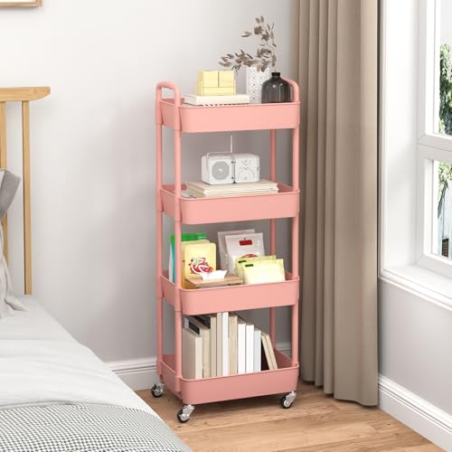 Sywhitta 4-Tier Plastic Rolling Utility Cart with Wheels for Storage, Pink - color: Pink, size: 4-tier