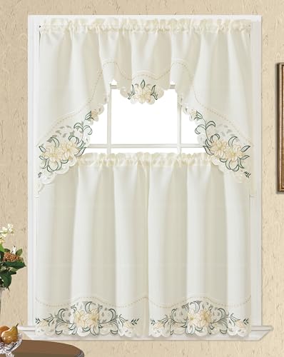 GOHD Lily Fragrance 3pcs Colorful Embroidery Kitchen Cafe Curtain Set.Beige - color: Beige