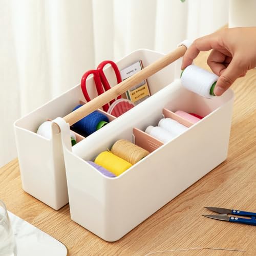 Vidifor Large Plastic Portable Caddy with Handle, Storage Organizer Bin with Adjustable Dividers for Art Supplies, Crafts, Colored Pencils, Makeup Desk - color: White+Pink