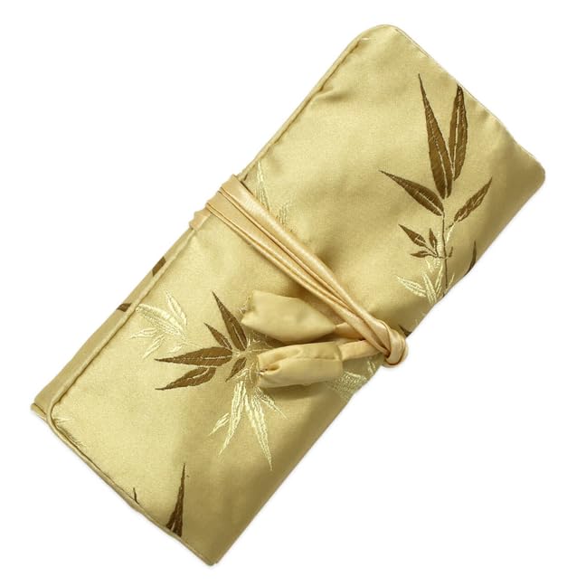 SmilerSmile Jewelry Travel Bag Embroidery Travel Jewelry Organizer with Tie Close Embroidered Flower Jewelry Roll for Women Girls (Bamboo, Gold) - color: Bamboo Gold