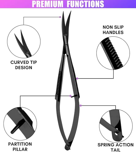 Cross Edge Curved Spring Scissors 5 Inch Stainless Steel Precision Eyebrow & Eyelash Shaping & Trimming Scissor, Snips Squeeze, Embroidery, Knitting Micro Tip Craft Scissors (Black) - color: Cec-ss-28