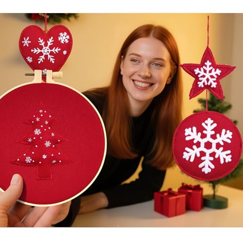 【Full-length Video Tutorial】2026 New Embroidery Christmas Ornament Kits for Beginners Adults, DIY Heart Shaped Hand Embroidered Christmas Ornament/Ornament Kit, Cross Stitch Christmas Ornaments Kits