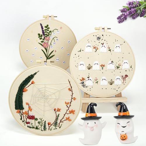 Crafmanoe Cute Ghost Embroidery Kit for Beginners Adults, Halloween Embroidery Starter Kits, Funny Counted Cross Stitch Kits for Beginner Adult Hobbies for Women, 3 Set Embroidery Hoop, Fabric, Thread - color: Cute
