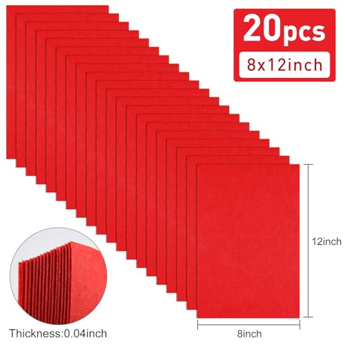 20 Pcs Red Felt Fabric Sheet 8" x 12" Assorted Color Felt Fabric Sheets for Crafts DIY Handcraft Sewing Squares Patchwork Nonwoven - color: Red