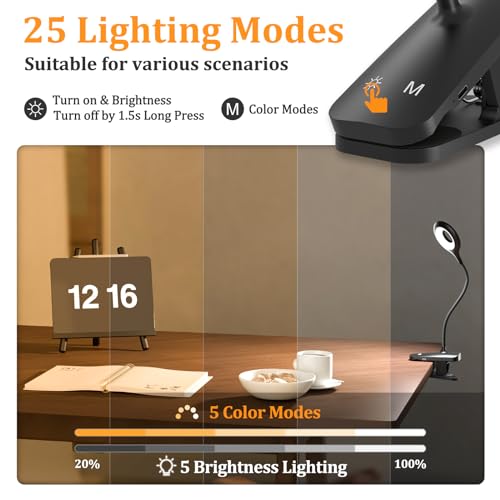 Rechargeable Clip Light, LED Bed Reading Lamp for Headboard & Desk - color: Black
