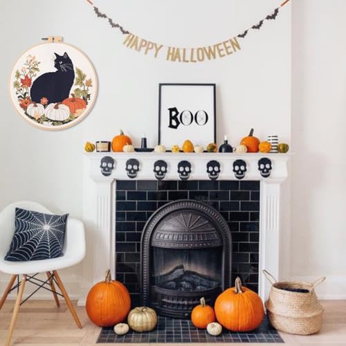 IUHUI Embroidery Kit for Beginners Adults - Black Cat and Pumpkin Themed Halloween Easy Patterns, DIY Hand Stitching Embroidery Set with Hoop (Black Cat Autumn Leaf) - color: Black Cat Autumn Leaf