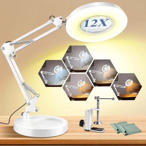 Toolastra 12X Magnifying Glass with Light and Stand, 144 LEDs Brightest Desktop Magnifying Lamp, 10 Dimmable Brightness 5 Color Modes, Hands Free Metal Desk Lamp for Craft Reading Painting (White) - color: White