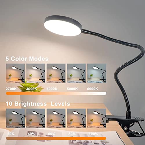 LiFMIRA Clip on Lamp, 8W 66 LED Bed Light for Reading, 5 Color Modes, 10 Brightness Levels, Eye Care, Flexible Gooseneck, Metal Clamp, USB Powered, Modern Design, Black - color: Matte Black