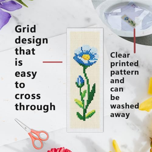 INFUNLY 6PCS Cross Stitch Bookmark Kit for Adults Rose Tulip Stamped Embroidery Bookmark Kit with Backing Felt Floss Instruction for Book Lovers Readers - style: Single Flower