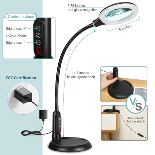 10X Magnifying Glass with Light and Clamp, 5 Color Modes Stepless Dimmable Lighted Magnifier with Stand, Flexible Gooseneck LED Desk Lamp Hands Free for Craft Reading Painting Hobby Close Work - color: Black, size: 10X