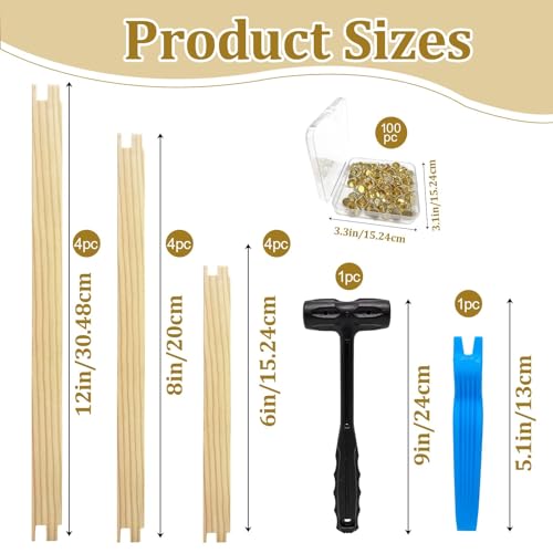 12pcs Needlepoint Stretcher Bars for Needlework with 100 Thumb Tacks Hammer and Tacks Remover 3 Sizes Wooden Canvas Frame, Stitch Set, Needlepoint Frame, The Ideal Gift for Embroidery Enthusiasts - color: 12pcs