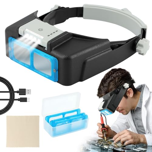 Headband Magnifier with Light,Rechargeable Magnifying Glasses for Close Work,1.5X to 3.5X Magnifier with 4 Lens,Jewelers Magnifying Glass Loupe Visor for Reading,Crafts,Hobby