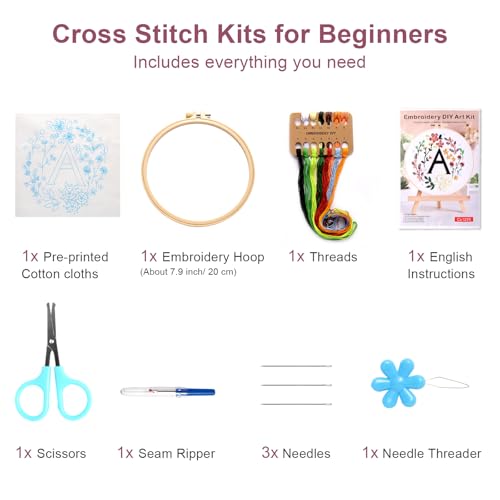 Haootadiy Beginner Embroidery Kit for Adults, Easy Cross Stitch Kit for Beginners and Adults, Full Embroidery Hoop Kit with Needles and Thread Included (Pattern 1) - color: Pattern 1