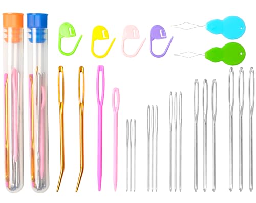 Hekisn 45Pcs Large Eye Blunt Yarn Needles kit, Assorted Sizes Bent Tapestry Darning Needle, Sewing Needles with Needle Threaders & Stitch Markers for Knitting Crochet (Orange&Blue) - color: Orange&Blue