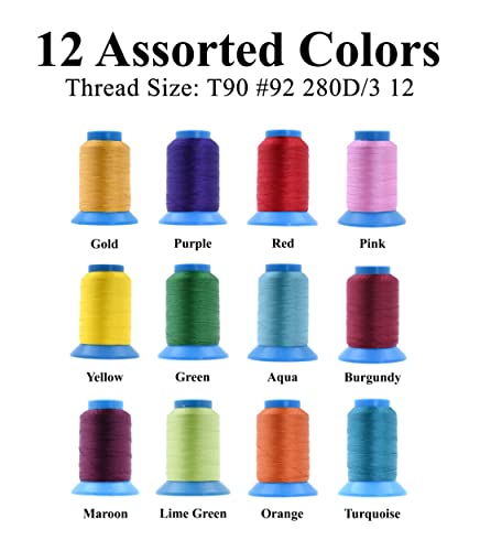 Mandala Crafts Size 92 280D T90 12 Vibrant Bonded Nylon Thread, 2400 YDs - color: 12 Vibrant Colors, size: T90 #92 280D/3 2400 Yards