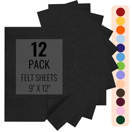 IONTACH 9" X 12" Felt Fabric Sheets 1.6mm Thick (12 Packs, Black) - color: Black