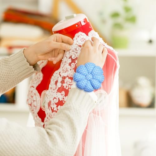 Wrist Pin Cushion for Sewing with 2 Gold Thimbles, Cute Pumpkin Needle Pincushion with Elastic Strap for Quilting, Embroidery, Needlework, DIY Crafts (Blue)
