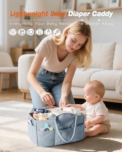 Marscamd Quilted Baby Diaper Caddy with Detachable Divider and Wipes Pocket - color: Dusty Blue