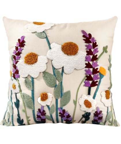 Embroidered Throw Pillow Cover, 20x20 Inch, Wildflower - color: Wild Floral, size: 20" x 20" (Pack of 1)