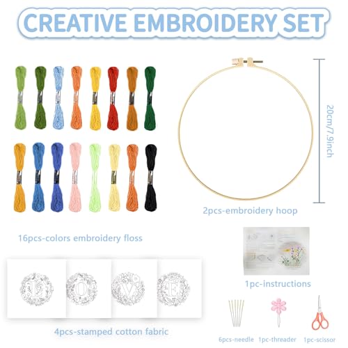 FREEBLOSS 4 Sets 11.6" Embroidery Kit for Beginners Needlepoint Embroidery Starter Kit with Flower Stamped Patterns, Instructions, Colored Threads, 2 Hoops - style: Love Flower