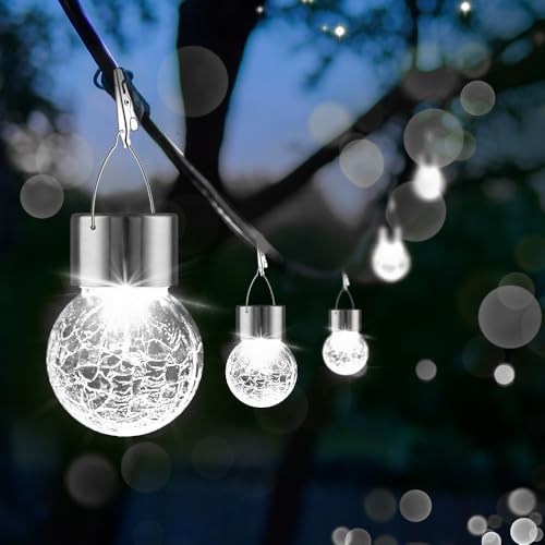 12 Pack Hanging Solar Lights Outdoor, Waterproof Solar Globe Lantern with Handle and Clip, Decorative Cracked Glass Ball Lights for Christmas Decor, Tree, Yard, Garden, Patio (Cold White) - color: Cold White, size: 12