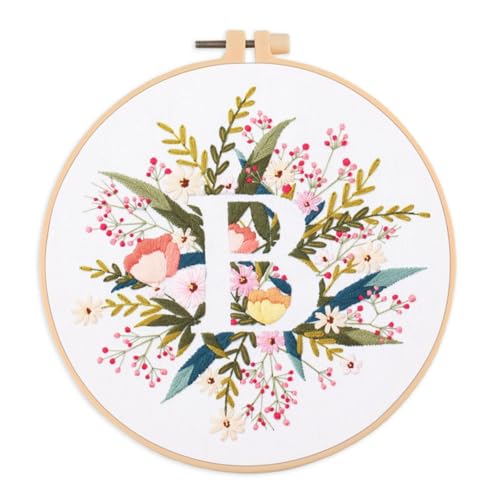 IUHUI Embroidery Kit for Beginners Adults - 26 Floral Letters Easy Patterns, DIY Hand Stitching Embroidery Set with Hoop (Flower and Grass Letter B) - color: Flower and Grass Letter B