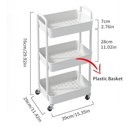 Sywhitta 3-Tier Plastic Rolling Utility Cart with Wheels for Storage,White - color: White, size: 3-tier