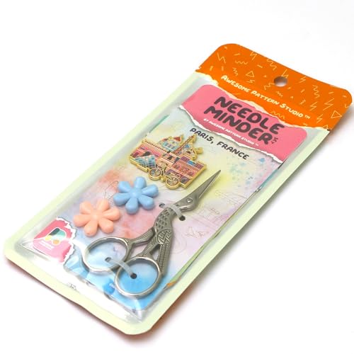 Awesome Pattern Studio Needle Minder Set – Paris Magnetic Needle Minder + 2 Needle Threaders + Crane Scissors. Enamel Pin for Cross Stitch, Embroidery and Craft - size: Paris Set #2