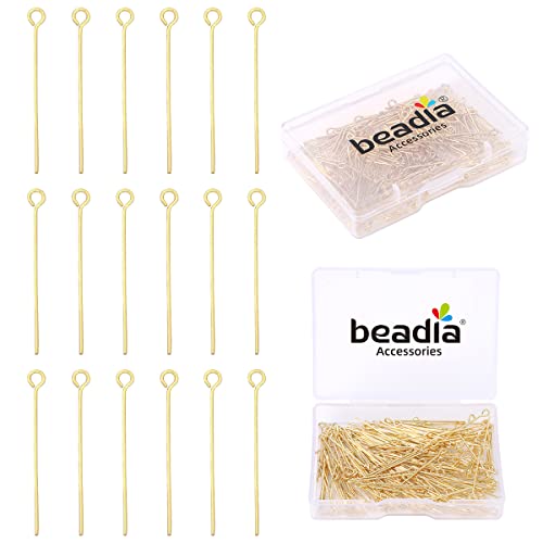 BEADIA 14K Gold Plated Open Eye Pins Non Tarnish 25mm 200pcs for Jewelry Making Findings - color: Open Eye Pins 14k Gold, size: 25x0.7mm