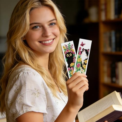 ORIGACH 6 Set Cat and Flower Cross Stitch Bookmark Kit for Beginner - style: Cat and Flower