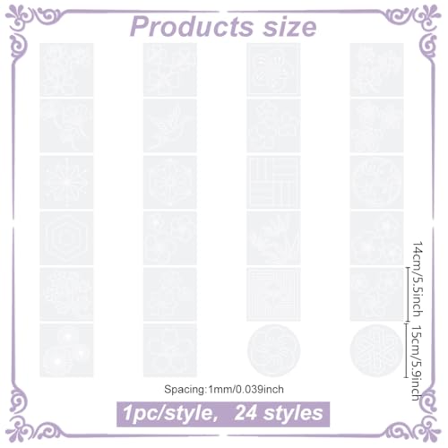 FREEBLOSS 24Pcs Sashiko Stencil Set PET Sashiko Templates Square Embroidery Template Sashiko Kit Sashiko PET Stencil Kit Embroidery Pattern Stencil for Quilting Drawing Line 5.5"*5.5"