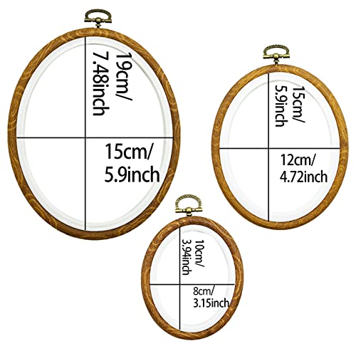 3 Sizes Imitated Wood Display Oval Round Embroidery Hoop Set Plastic Circle Cross Stitch Hoop Rings for DIY Craft Sewing,Including 16pcs Gold Eye Sewing Needles - style: 3 pcs oval sizes