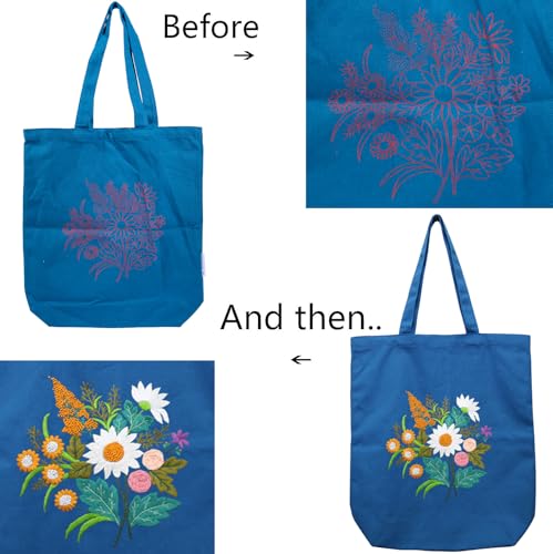 Canvas Tote Bag Embroidery Kit with Pattern for Beginners, Arts and DIY Embroidery Crafts Kits for Adults, Instructions, thimble, Embroidery Hoops, Color Threads (darkblue, CR002 chenhuicaoxin) - color: CR002 chenhuicaoxin darkblue