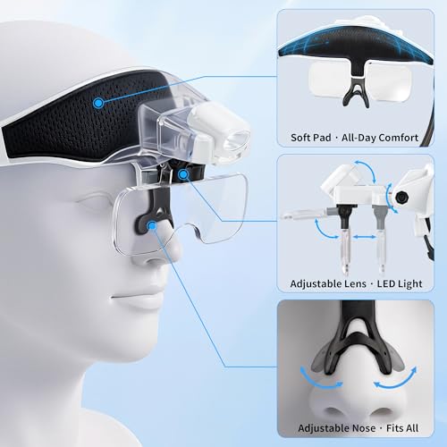 JARLINK Magnifying Glasses with Light, 6 Lenses, Rechargeable Headband - color: White