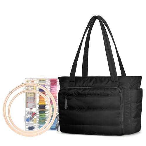 YARWO Puffy Embroidery Project Bag, Quilted Needlepoint Kit Storage Case