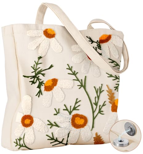 Miss Adola Lightweight Embroidery Canvas Tote Bag - color: Daisy