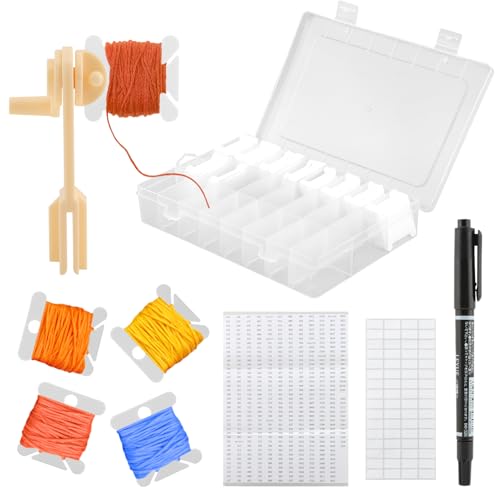 Embroidery Floss Organizer, Cross Stitch Thread Storage Set with 100 Pcs Floss Bobbins, Winder, Marker and Stickers, Removable 24 Compartments Case for Craft DIY Sewing Storage