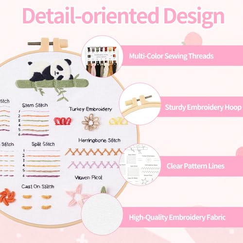 Jyphorixal Embroidery Kit for Beginners Adults Cross Stitch Starter Kit Needle Point Supplies 30 Basic Stitches in 4 Set, DIY Craft Lover Starter Hand Stitch - color: Panda