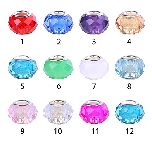 100 Pieces 14mm European Large Hole Spacer Beads Mix Color with Silver Brass Cores Assortments Charm Lampwork Beads Supplies for Necklace Bracelets Jewelry Making (Faceted) - color: Faceted